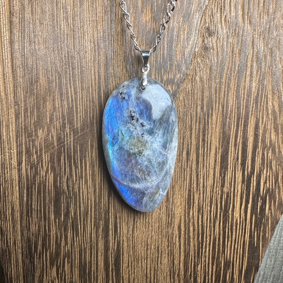 Labradorite Teardrop Pendant Necklace - Long Stainless Steel Chain - Blue Flash - Picture 7 of 13